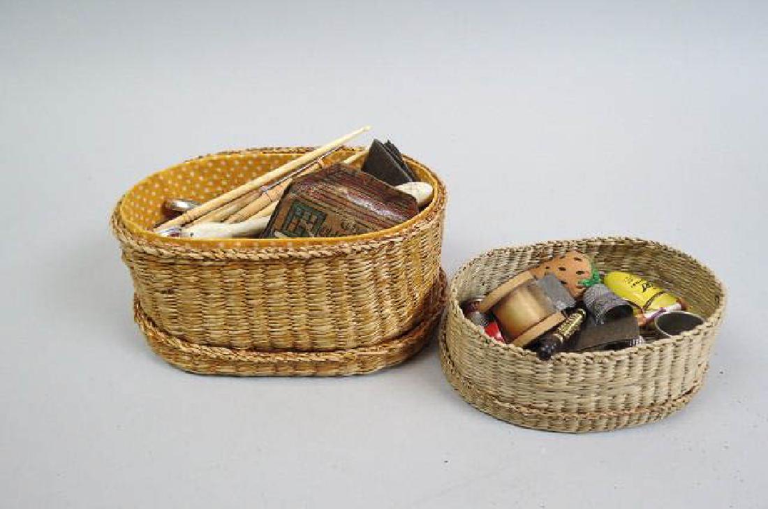 Vintage Sewing Collection 2 Sweetgrass basket full: includes thimbles, thimble cases, needle holders, various tools, some sterling.