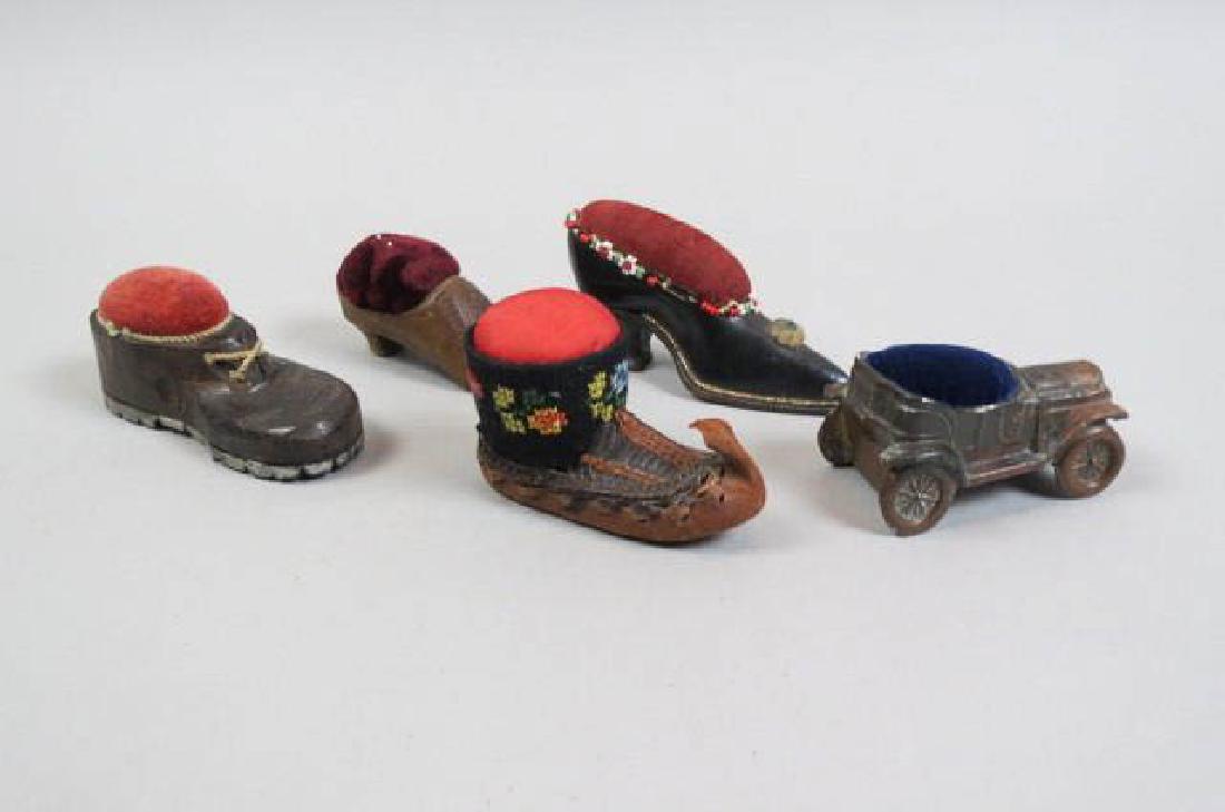 4 Figural Sewing Needle Figural Pincushions,: shoes, boot & car designs.
