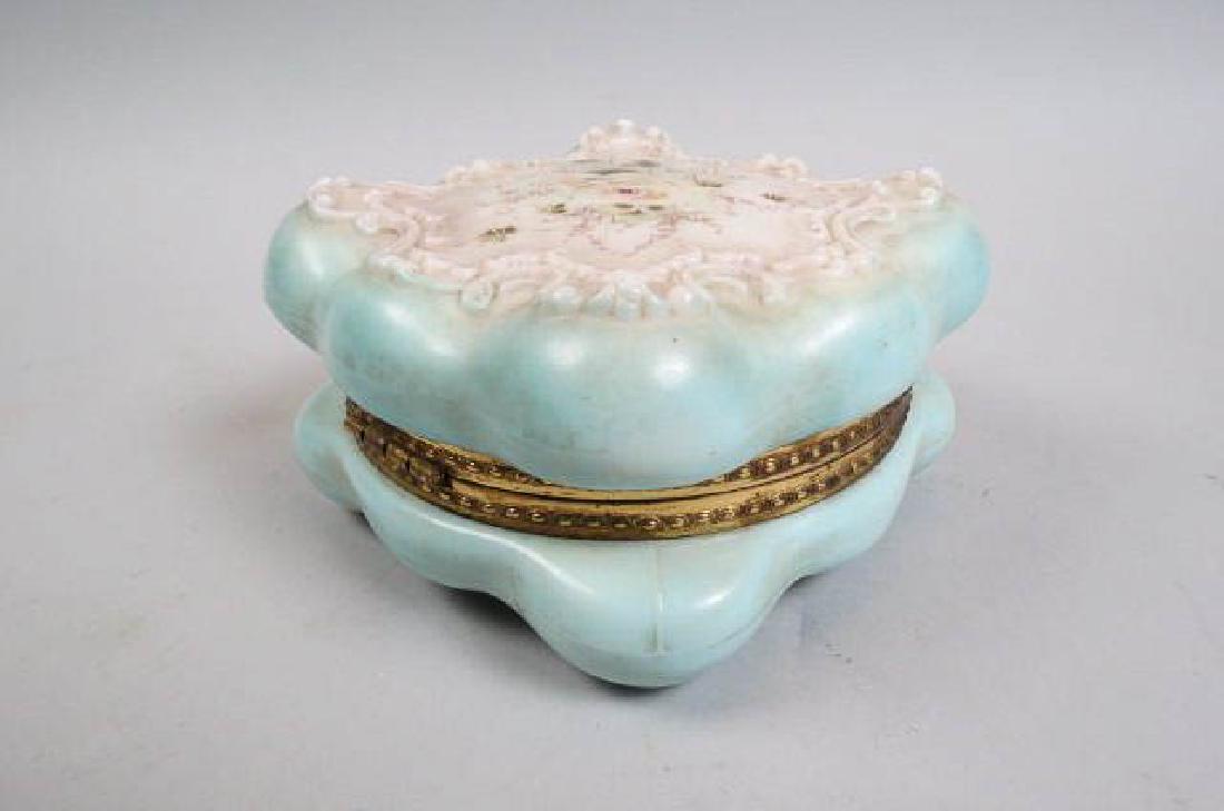 Wavecrest Art Glass Dresser Box,: floral with rococo trim on egg crate form, 6" X 6", 3 1/2" deep, signed.