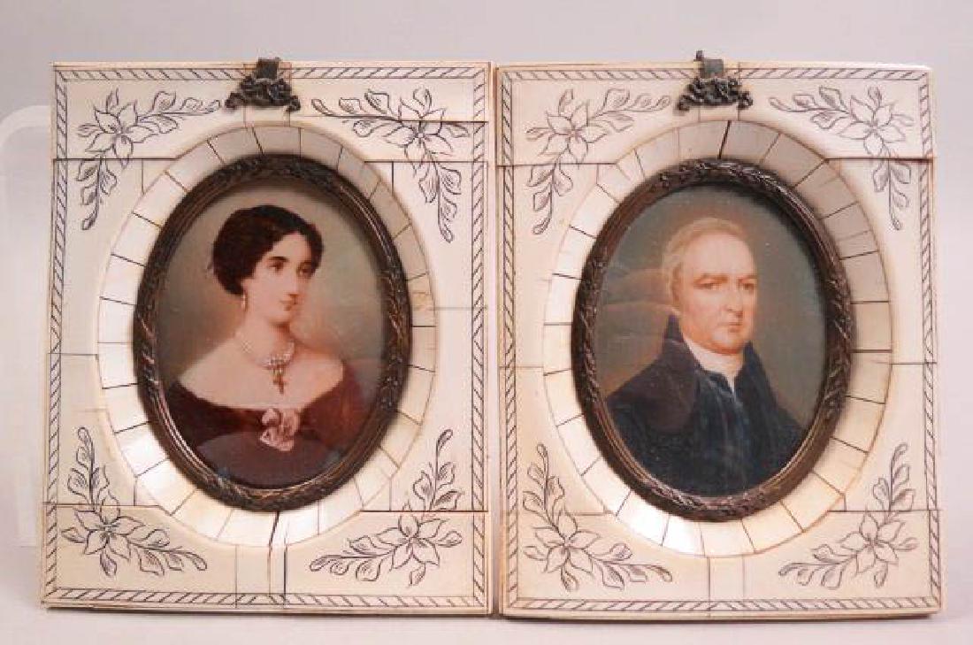 2 Miniature Portrait Paintings,: Reverend Timothy Douglas & other of a lady possibly his wife, oval images 3 1/4" x 2 1/2" plus frames, circa 1890.