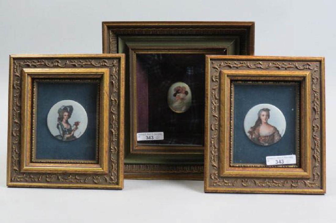 3 Miniature Porcelain Plaques with Lady Decoration: countess or lady decoration, 2 are Limoges, 2 1/2" round and a smaller oval, all shadow box framed.