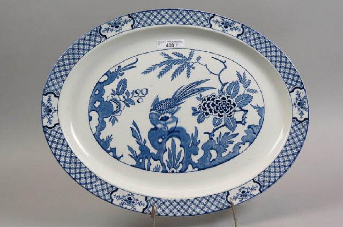 English Blue & White Ironstone Platter "Ivan,": by Wood & Sons, pheasant & floral, oval, 12 1/2" x 16", excellent.
