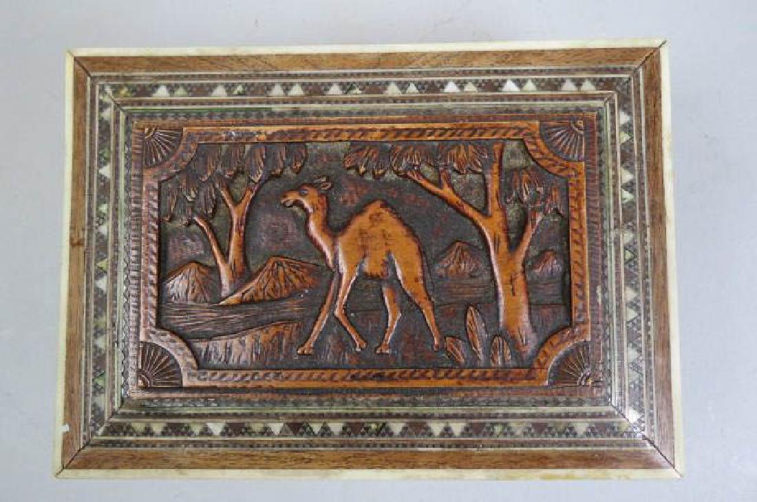Persian Carved Wood & Inlaid Box,: camel scene, fancy inlays 7" x 5" x 2 1/2", locking.
