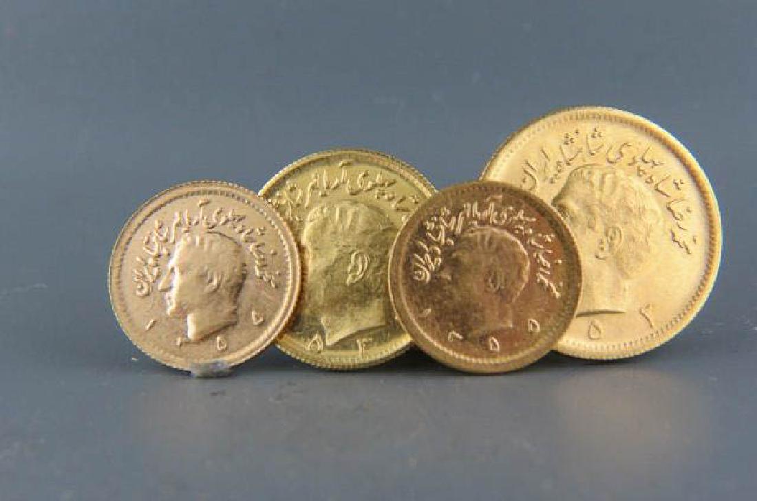 4 Iran Pahlavi Gold Coins,: struck during Mohammed Reza Pahlavi reign as Shah, 1941-1979, uncirculated. Two 2 gram coins, one 4 gram and one 8 gram, total 16 grams