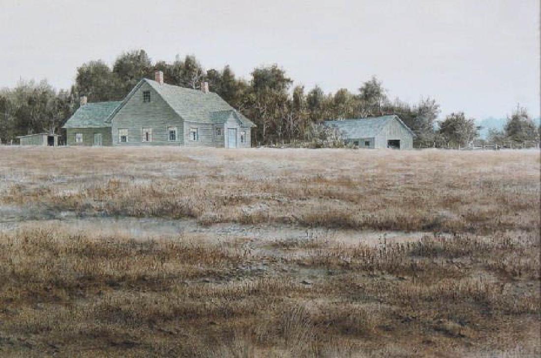 Butler Brown Acrylic Painting Landscape with Farm,: very fine detail, image area 11" x 14", signed & dated 1977, Provenance: James Shuptrine Galleries, Ltd., Signal Mountain, TN