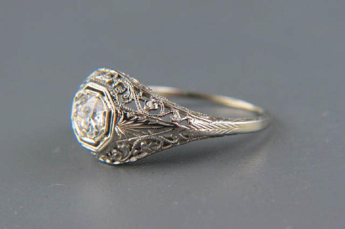 Antique Diamond 14K Gold Filigree Ring,: .40 carat round diamond, fine openwork 14k white gold setting, with appraisal of $1005.00, currently size 6.