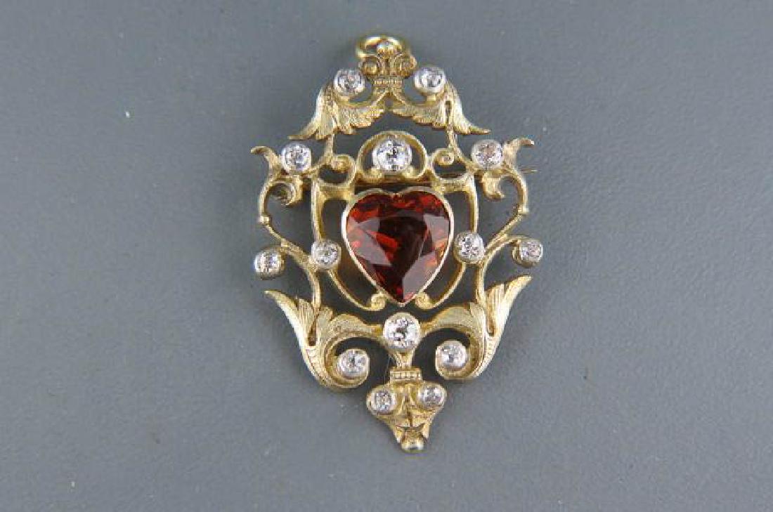 Antique Diamond & Citrine 14K Gold Pendant or Pin,: heart shape gem weighing 3.17 carats and 14 round diamonds, totaling .42 carat in 14k yellow gold, with appraisal of $1135.00, 1 3/4" long.