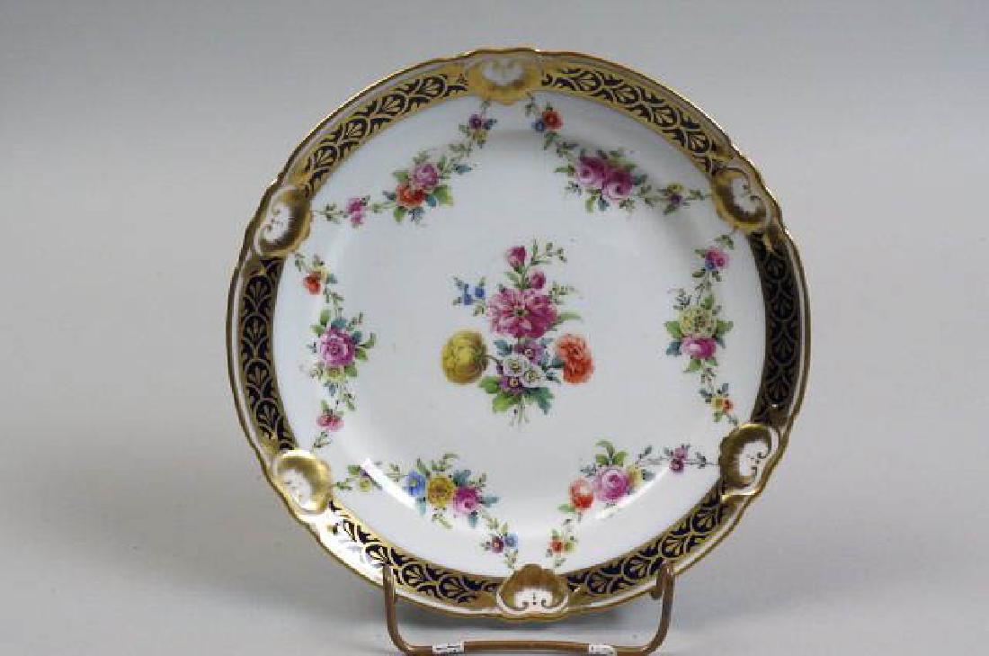 12 Royal Vienna Hand-Painted Porcelain Plates,: floral bouquets & garland, cobalt & gold trim, beehive mark which is under the glaze, 7 3/4", excellent.