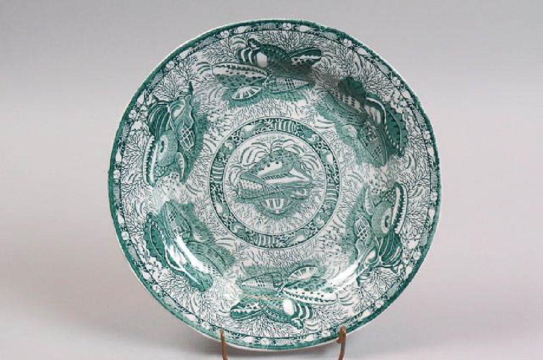 14 Mottahedeh "Torquay" Transferware Plates,: Ironstone, shell & aquatic decor, dark green, Winterthur series, 10 1/2" diameter, excellent.