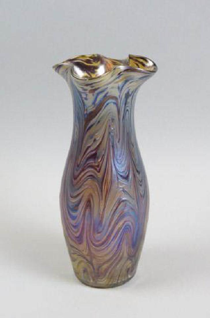 Loetz Art Glass Vase,: iridescent drapery or pulled feather design, wavy top, 10 1/4", excellent.
