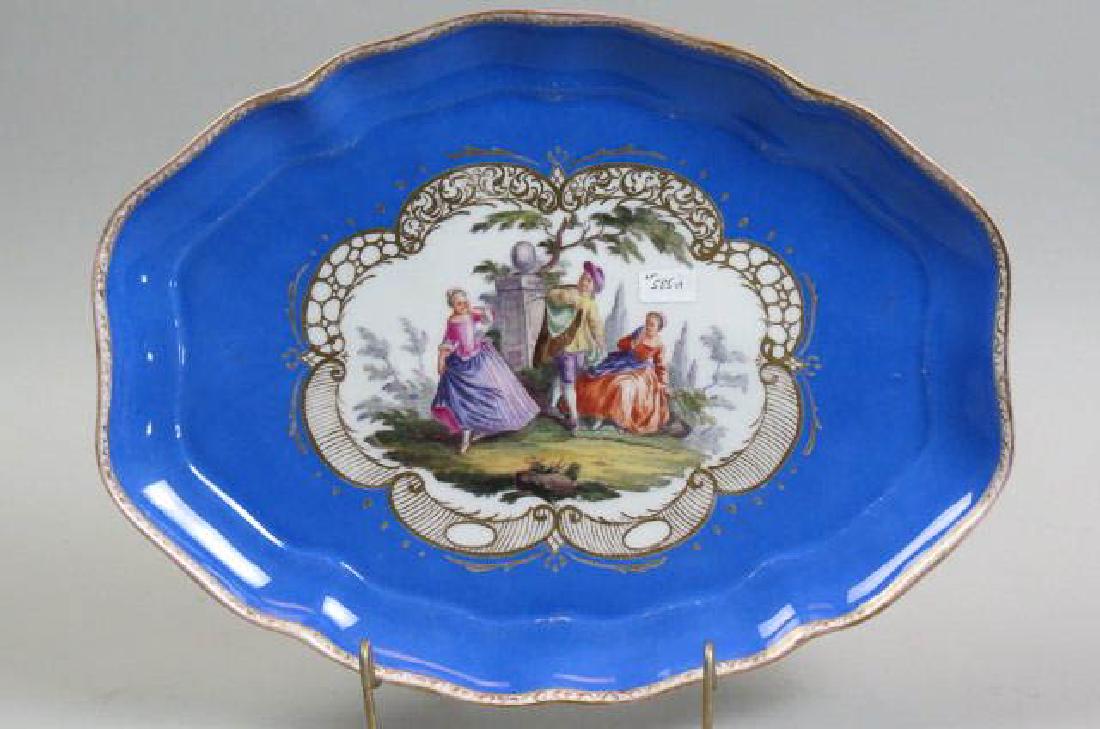 Meissen Porcelain Handpainted Tray,: classical garden scene, powder blue trim, fine gold work, 11" X 14", crossed swords mark, excellent.