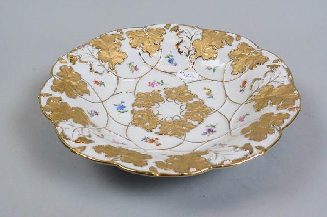 Meissen Porcelain Bowl with Handpainted Flowers,: elaborate gold leaves and vine, 11" diameter, crossed swords mark, excellent.