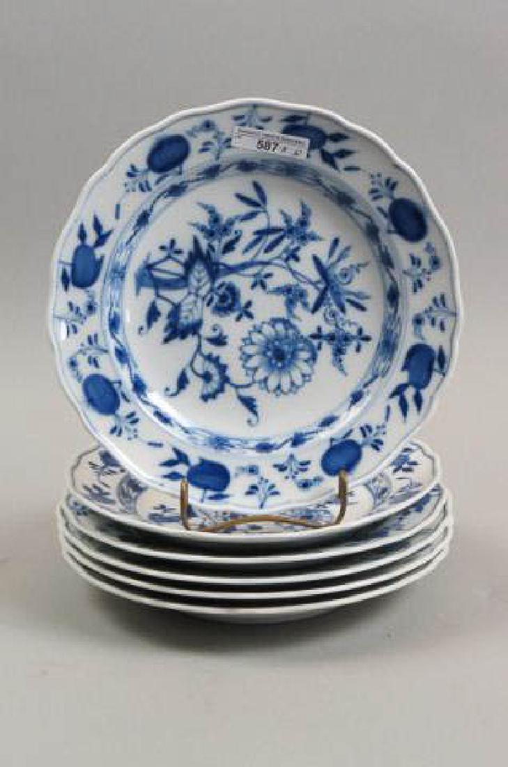 6 Meissen "Blue Onion" Porcelain Plates,: 9 1/2", crossed sword marks.