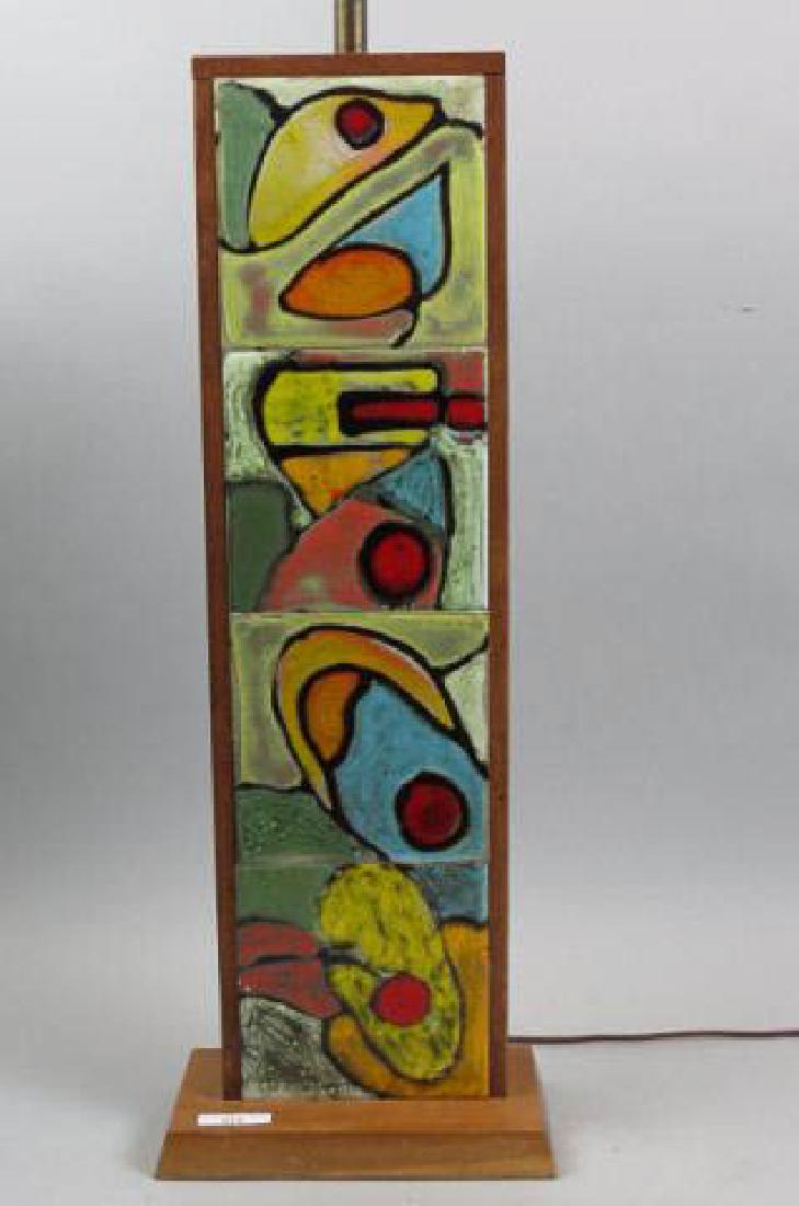 Harris Strong Art Pottery "Tile" Table Lamp,: mid-century modern artist, 25" tall body, mostly 6" tiles, one tile has bump.