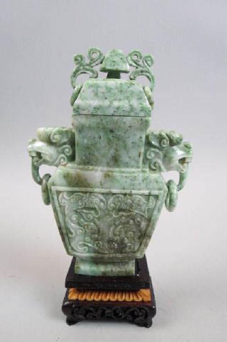 Chinese Carved Jade Censer,: foo dog ring handles, 7" tall plus carved wooden stand, excellent.