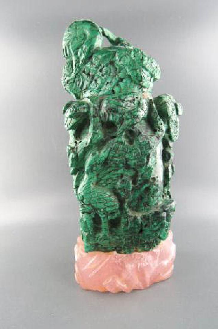 Chinese Carved Malachite & Quartz Urn,: crane & landscape decor, 6" tall.