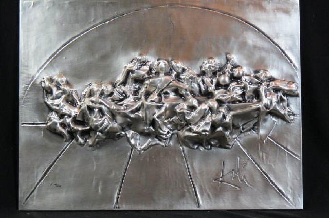 Salvador Dali Silver Plaque "Last Supper,": bas relief #143 of 175 with certificate of authenticity, registry & original receipt 1997 for $2900.00, estate of James Mann, 24" x 18 1/4", in original velvet box.