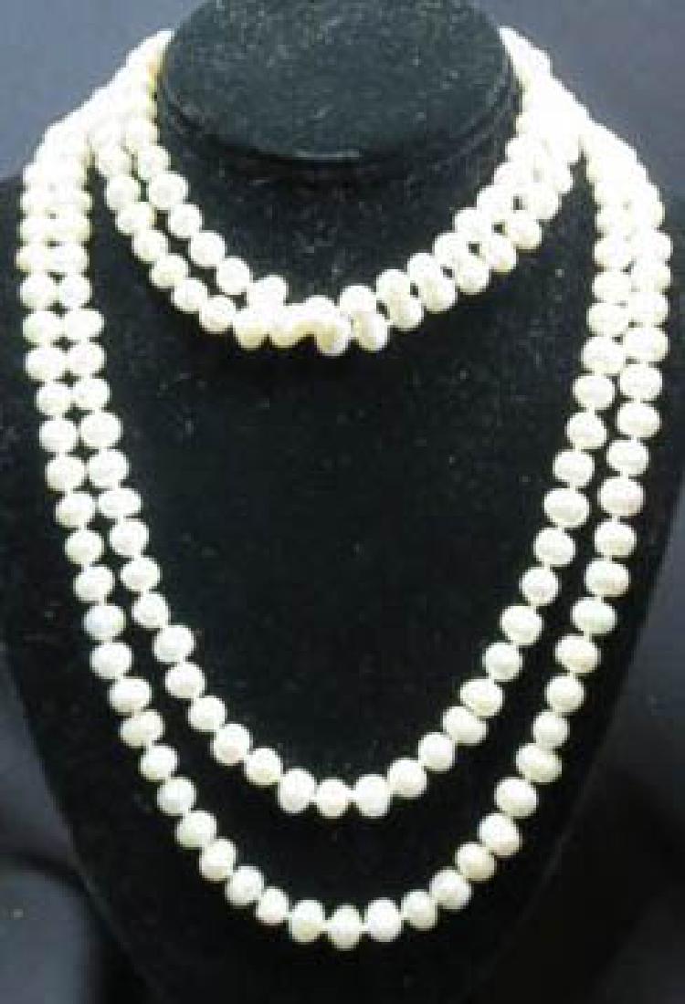 Pearl Necklace, 76" long, 200 pearls,: approx. 9mm, hand-knitted.