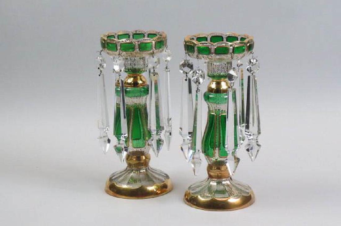 Pair of Moser Art Glass "Cathedral" Mantle Lusters: rich emerald green panels, elaborate gold trim, cut crystal prisms, 11 1/2'" tall, excellent.