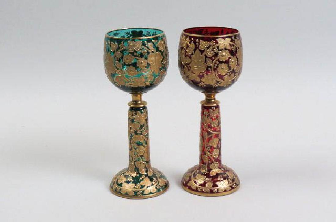 Pair of Moser Style Art Glass Wine Hocks, Chalices: elaborate gold leaf & floral decor, on rich ruby red & emerald green, 8", excellent.