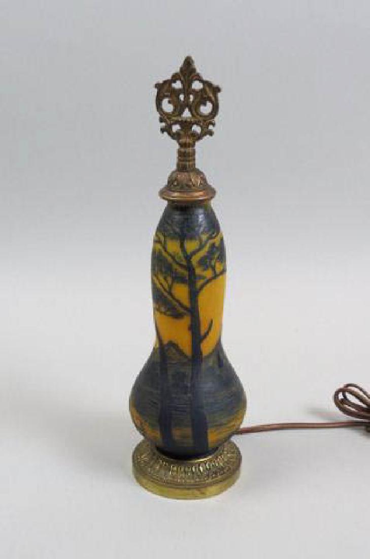 Loetz Richard Cameo Art Glass Lamp,: landscape with home & lake in mountainous region, yellow field, brass mounts, overall 12" tall.