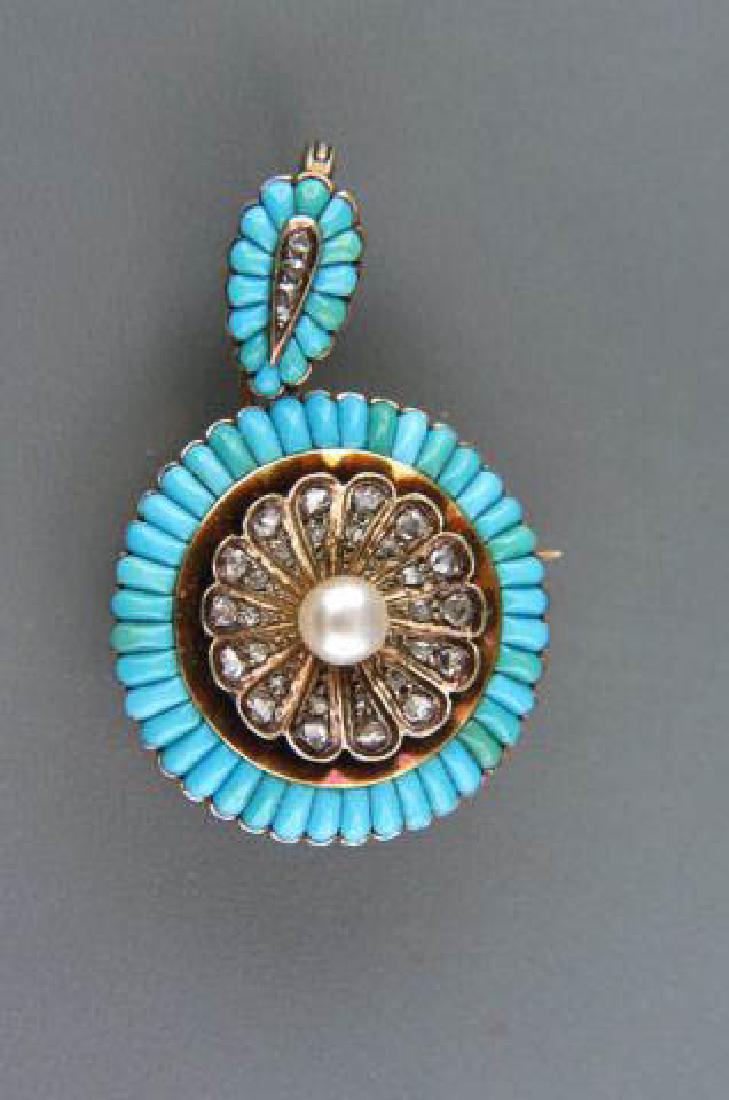 Antique Turquoise & Diamond 18K Gold Pin/ Pendant,: 32 rose cut diamonds totaling .35 carat and 54 fancy cut turquoises totaling 4.20 carat, 18k yellow gold, with appraisal of $2715.00, 1 3/4" long counting bale, 1 1/8" diameter, stunning!