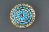 Antique Turquoise & Diamond 18K Gold Brooch,