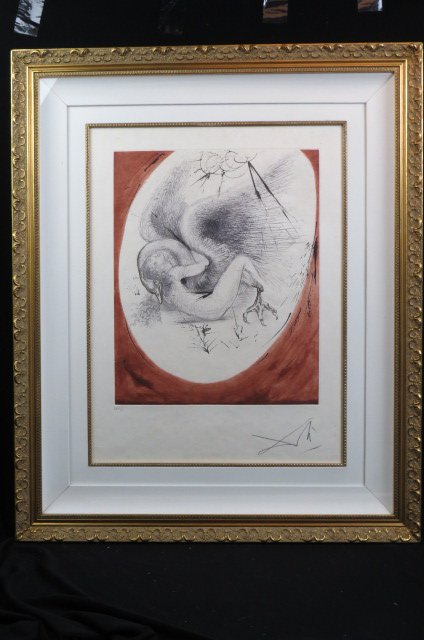 Salvador Dali Etching "Leda and the Swan": The Mythology Series, XXVIII/C, image area approx. 20" x 18", estate of James Mann