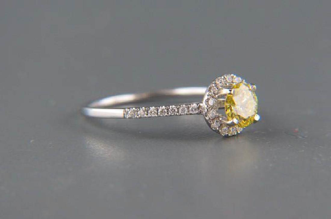 Fancy Yellow & White Diamond 14K Gold Ring,: .50 carat round light fancy yellow diamond surrounded by 28 round diamonds totaling .68 carat, 14k white gold, with appraisal of $2870.00, currently size 6 1/2.