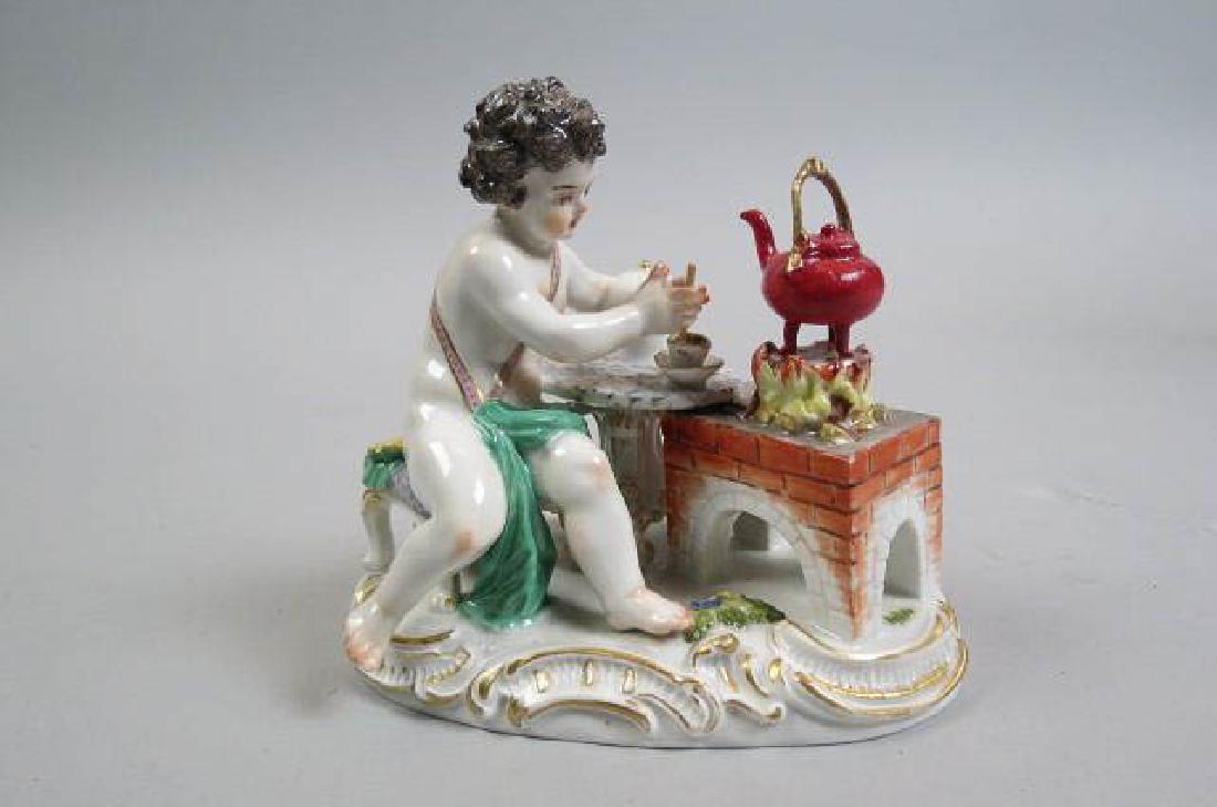 Meissen Porcelain Figurine of Cherub Making Potion: 4 3/8", crossed swords mark.