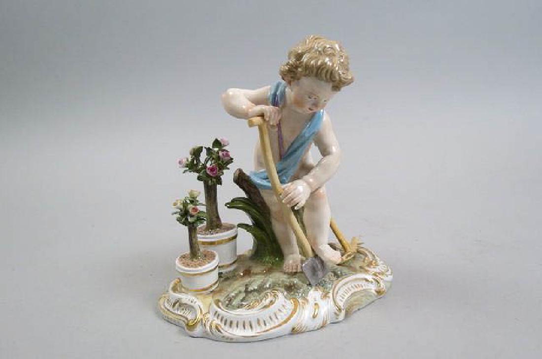 Meissen Porcelain Figurine of Boy Gardening,: with shovel and potted flowers, crossed swords mark, 5" tall.