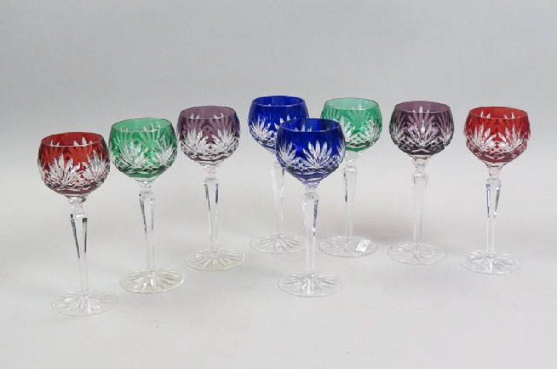 8 Colored Cut-to-Clear Tall Wine Glasses,: in emerald, sapphire, ruby and amethyst, two of each color, 8 3/8", excellent.