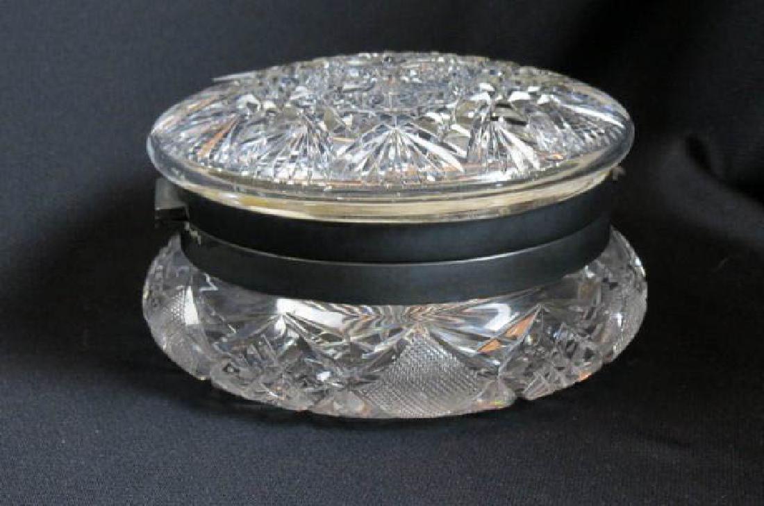 Brilliant Period Cut Glass Dresser Box by C.F. Monroe,: starbursts and fan with fine diamond points on base, hinged cover, 6" diameter.