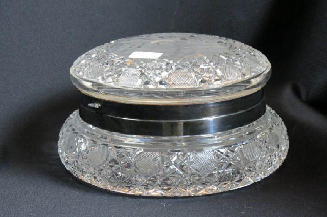 Brilliant Period Cut Glass Large Dresser Box,: intaglio floral medallion with Harvard pattern trim, 7 1/2" diameter.
