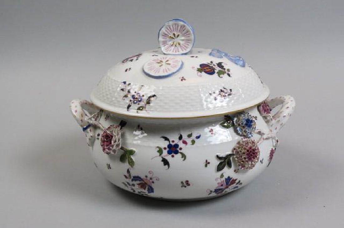 Early Herend Porcelain Covered Server,: figural fruit finial, applied floral, 9" diameter (plus handles), 7 1/2" tall, basketweave trim.