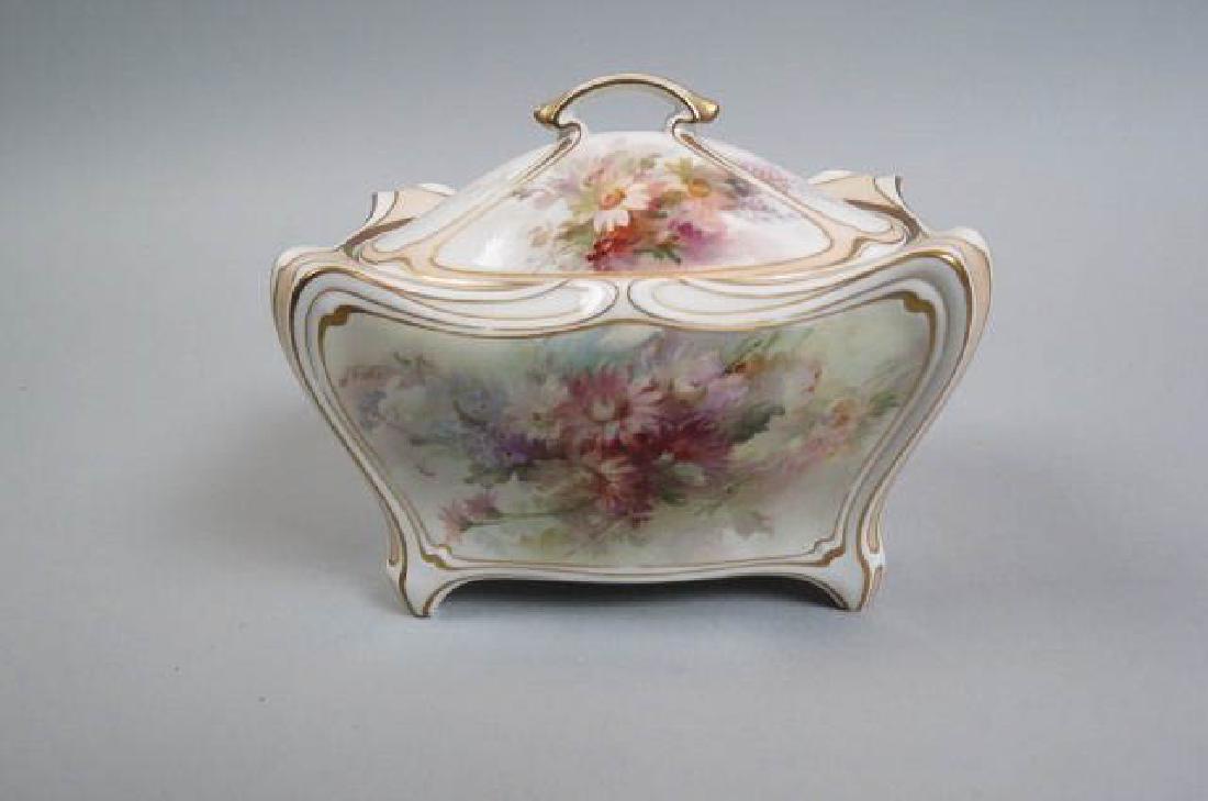KPM Porcelain Tea Caddy or Dresser Box,: elegant hand-painted florals, gold trim, footed, 6" x 4", excellent.