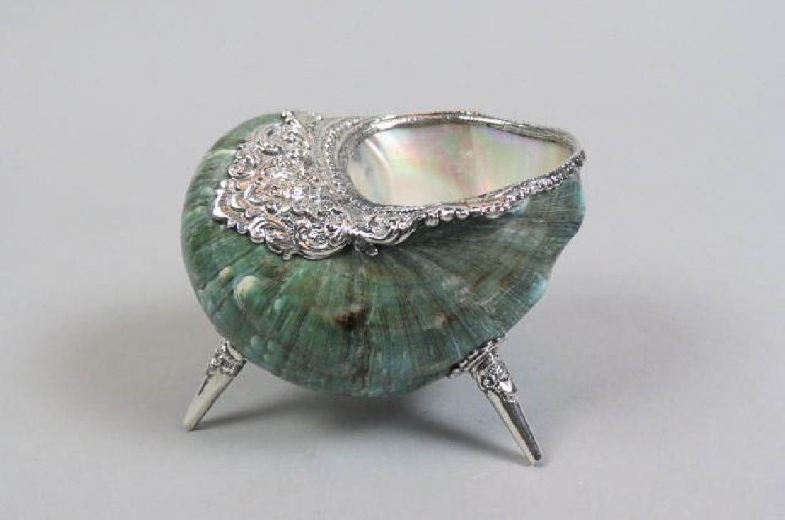 Sterling Silver & Shell Salt Cellar,: elaborate silver work, footed, could also be used as vase or sugar bowl, 3" tall, 3 1/2" long, excellent.