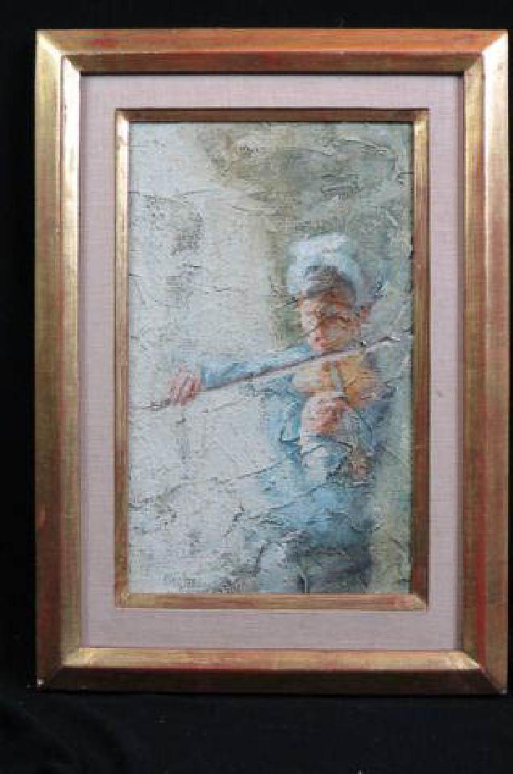 Alex Schloss Oil Painting Young Man Playing Violin: textured mixed media on board, image area 16" x 10", provenance; Plaza Hotel Gallery, NYC, well listed artist.