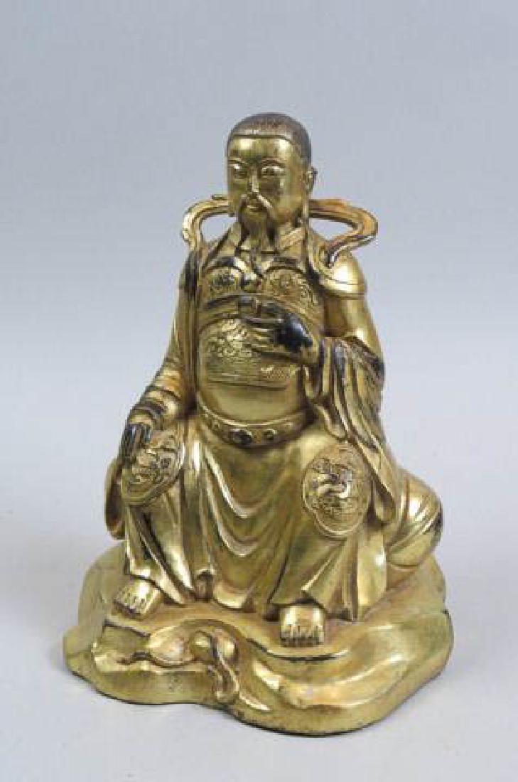 Chinese Bronze Gilt Statue of a Tibetan Scholar,: seated, 10". added photos of base and mark