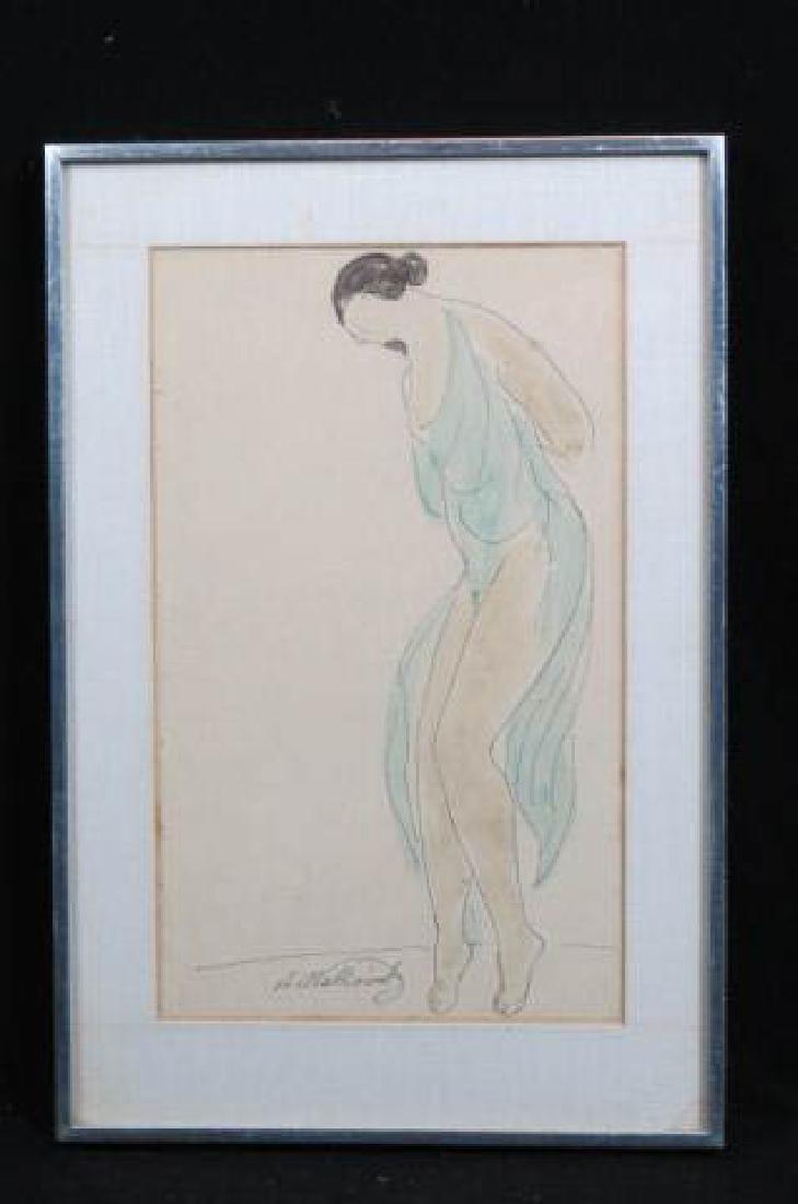 A. Walkowitz Pen & Watercolors of Isabella Duncan,: image area 14" x 8 1/2", well listed artist marked on back Betty Esman, Kulicke Frames, Inc., NYC.