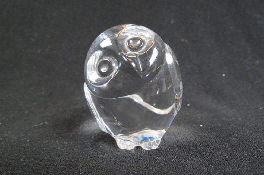 Steuben Crystal Figural Owl Paperweight: or hand cooler, 2 1/2", signed, excellent, with box.