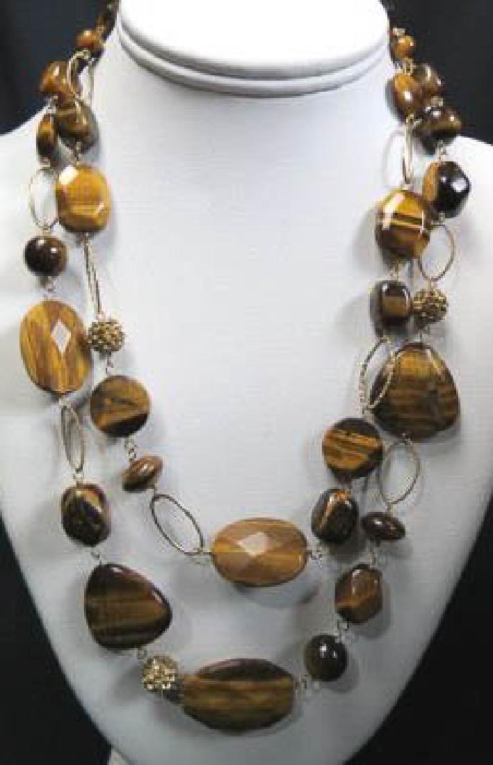Tiger's Eye & Sterling Silver Necklace,: various shapes, double strand, gold on sterling wire twist links & clasp, up to 26" long