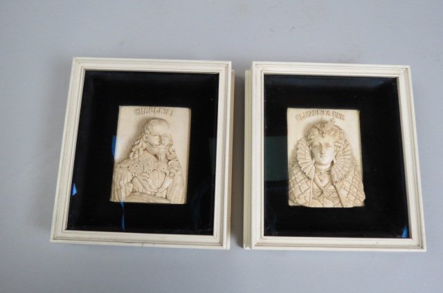 Pair of 18th C. Carved Plaques of Charles I & Elizabeth: very deep carving, each approx. 4 1/2" X 3 1/2", in shadow box style frames, under glass. Continental. Provenance: Leslie Hindman auction, Chicago, years ago ( approx. $2000.00).