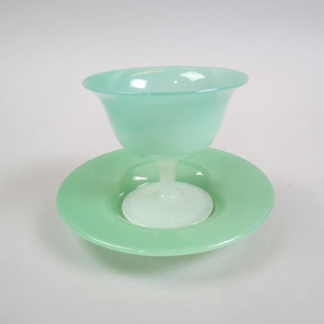 Steuben Art Glass Dessert With Underplate,: green with alabaster pedestal, 6" diameter, 4" tall, Frederick Carder era, excellent