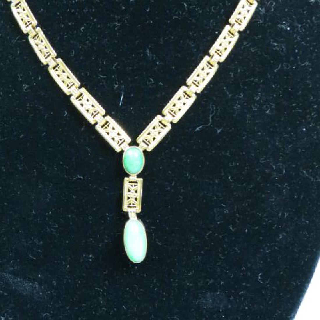 Jade & 14k Gold Necklace,: Art Deco era 1920s, 2 green cabochons in fancy rectangular floral openwork links, 16" long plus dangle, yellow gold, 19 grams