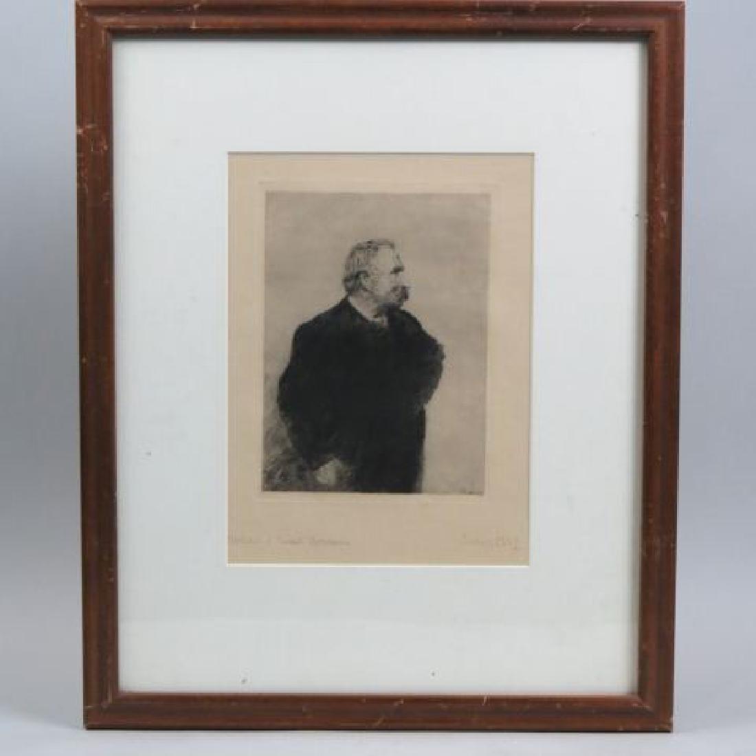 James Ensor Etching "Portrait of Earnest Rousseau": pencil signed & dated 1887, well listed artist, image area 9" x 7", provenance: Sheldon Ross Gallery, Birmingham Michigan......James Sidney Ensor, Baron Ensor (April 13, 1860-November 19, 1949), was a