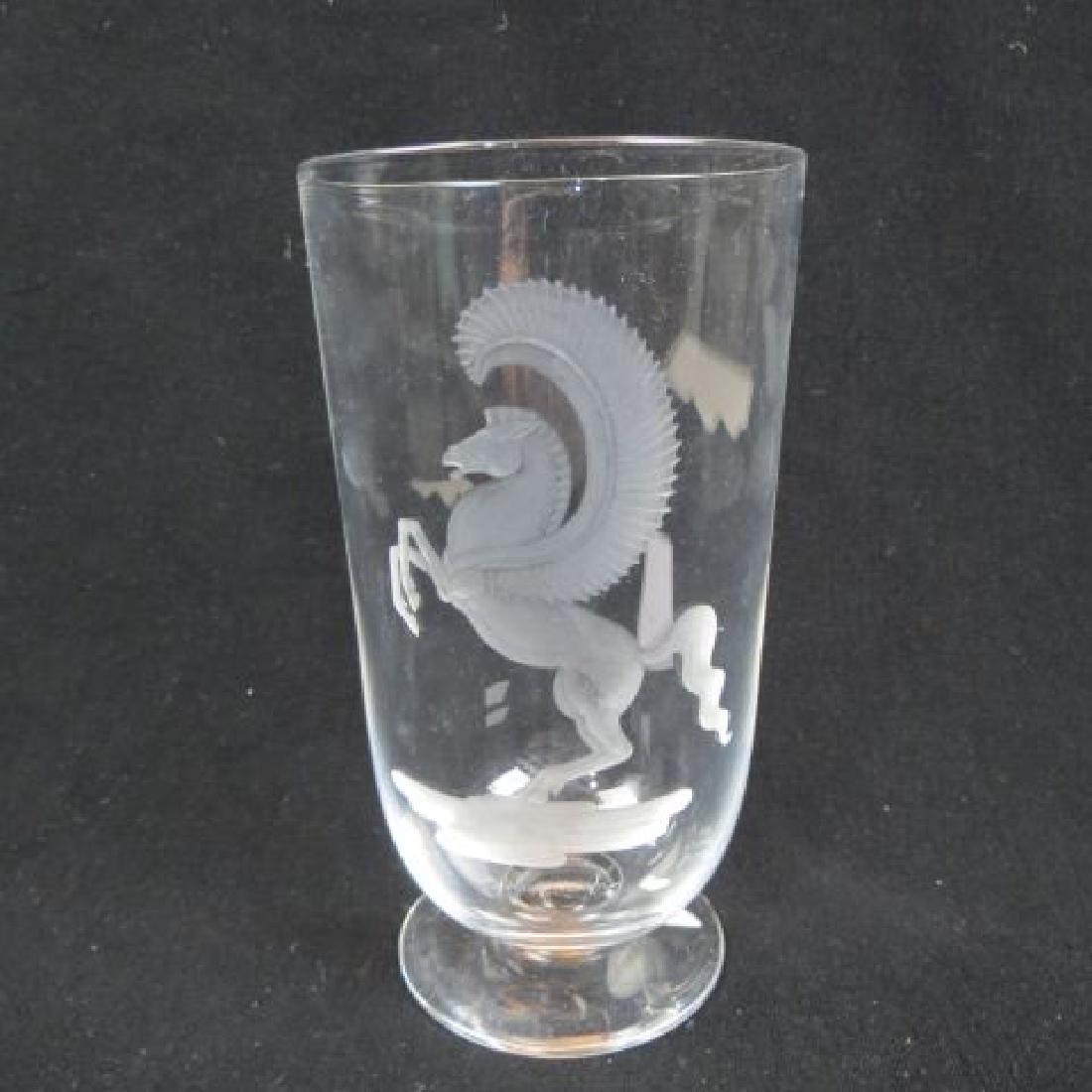 Steuben Crystal Etched Vase "Pegasus",: #8206, designed by Sidney Waugh, 7 1/4", page 242 of Mary Jean Madigan's Book "Steuben Glass, an American Tradition in Crystal," excellent........In 1933, Steuben created a prismatic crystal formula t