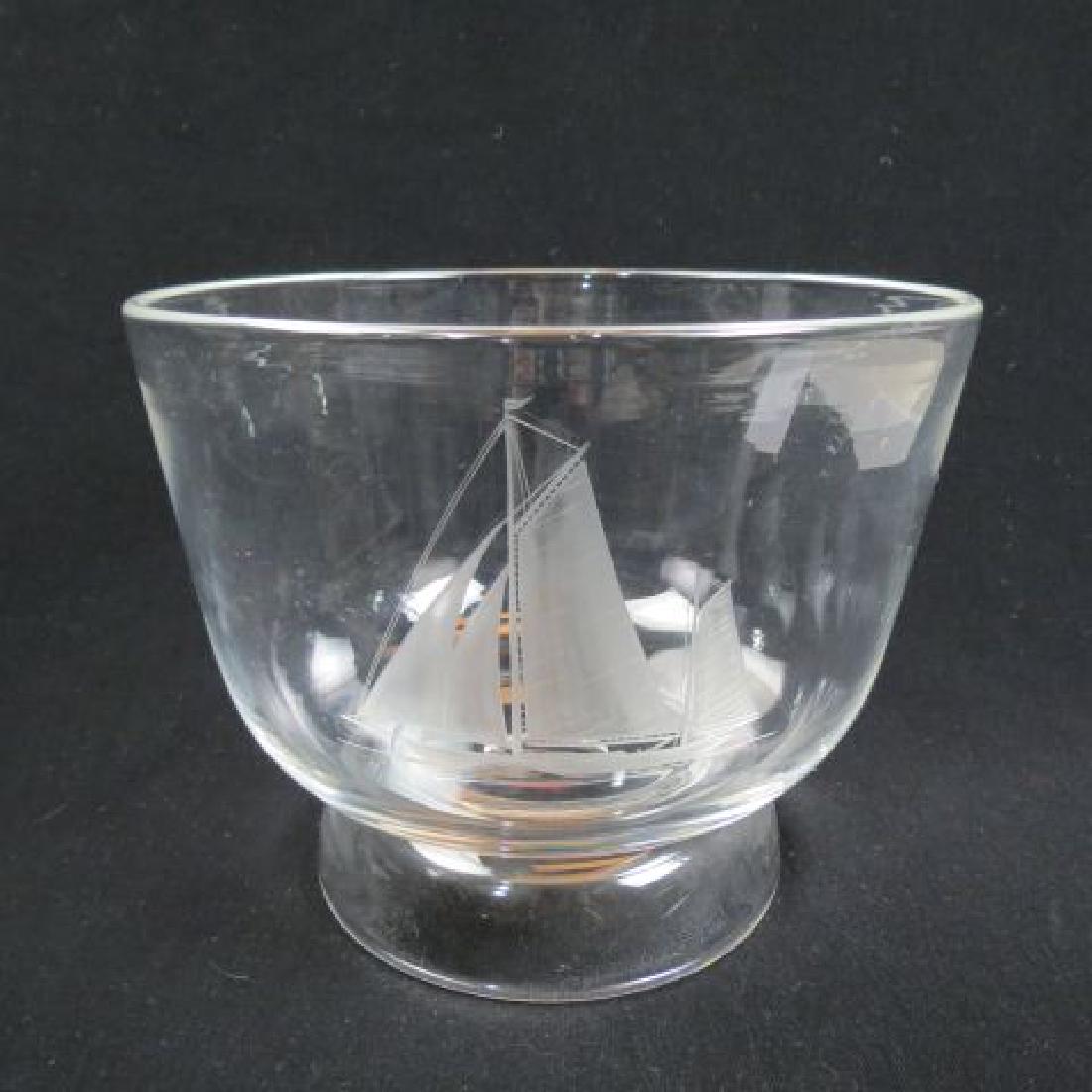 Steuben Crystal Etched Punch or Fruit Bowl,: with sailing ship, E-4123, designed by George Thompson, 9" diameter, 7 3/4" tall, excellent......In 1933, Steuben created a prismatic crystal formula that could capture, reflect and refract light unli