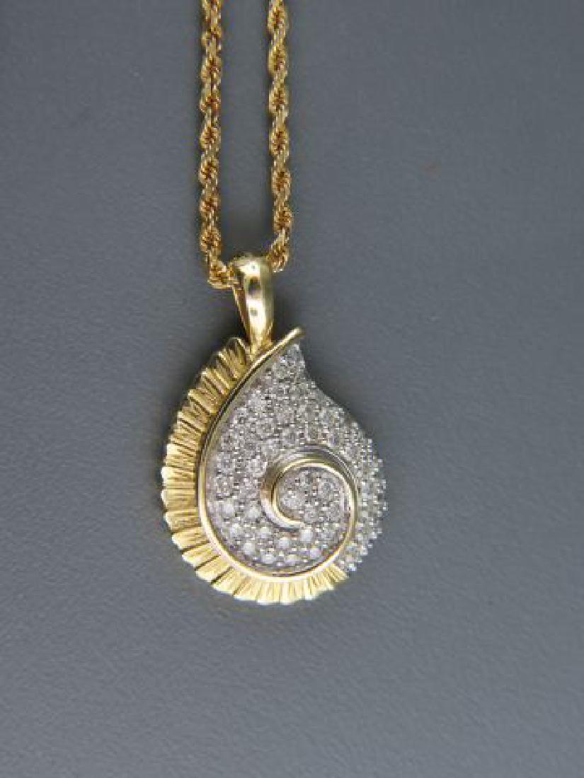 Diamond Pendant, 14k Gold with Chain,: nautilus style swirl with 50 round diamonds totaling 1 carat on 1.5mm rope chain, 16" long plust 1" pendant, all yellow gold, 8.2 grams