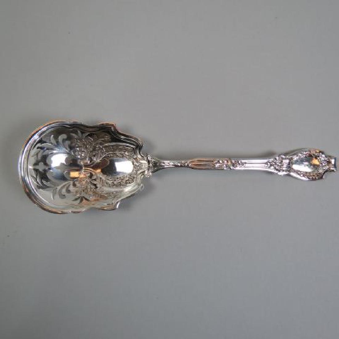 Durgin Du Barry Sterling Silver Ice Spoon,: 1901 pattern, elaborate pierced bowl, 9 1/4" long, monogram "K", 118 grams, scarce, excellent